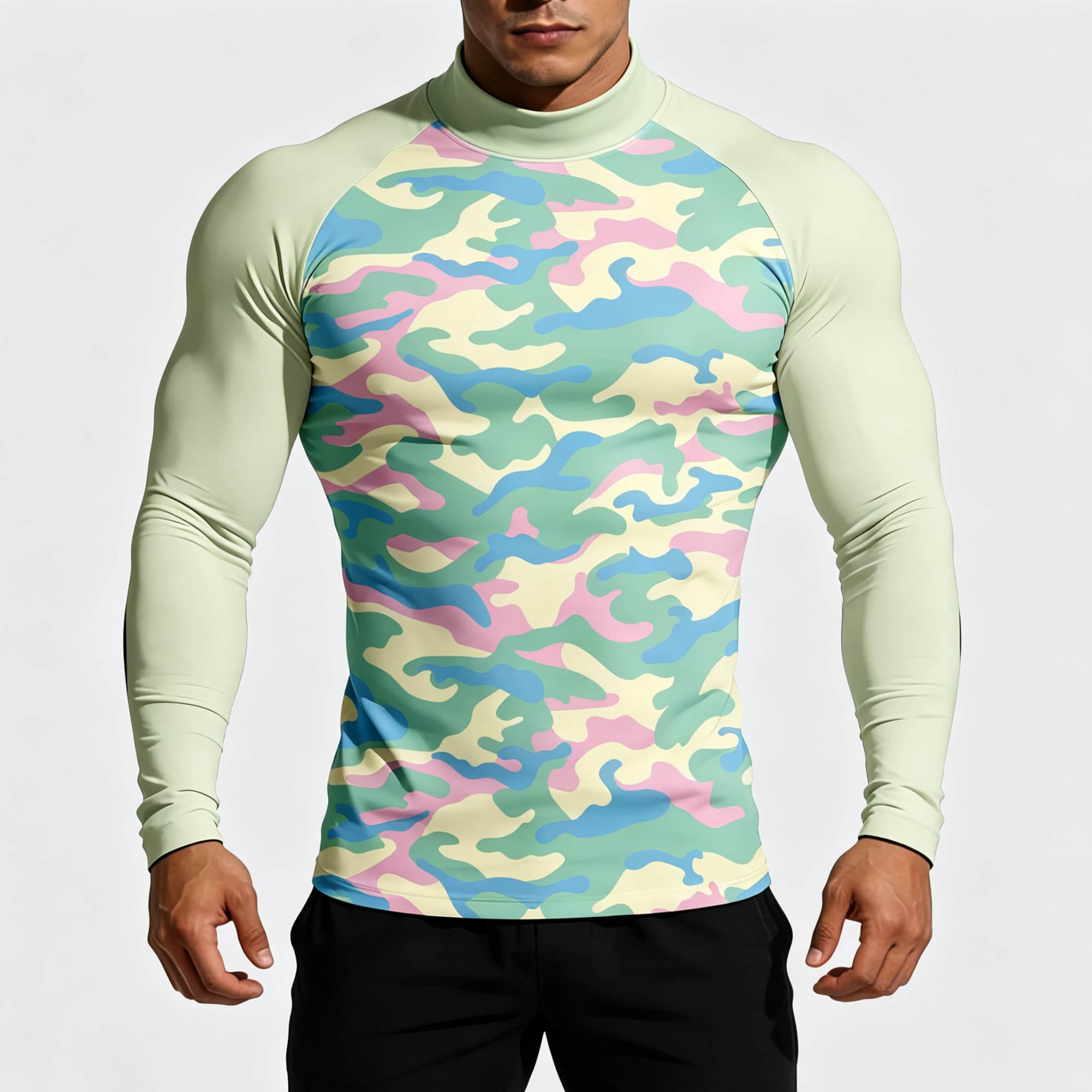 Base Layer Top - Herenshirt met pastel camouflageprint, mock neck,